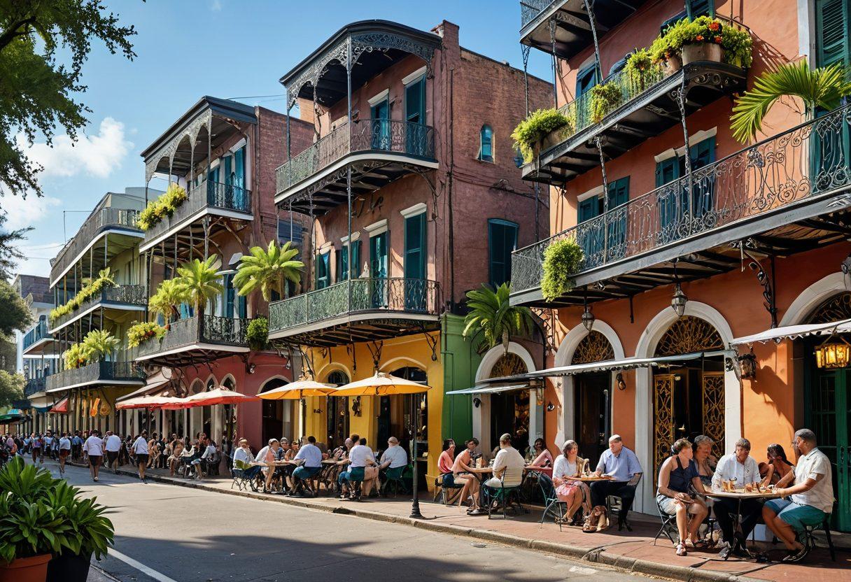A lively street scene in New Orleans, showcasing musicians playing jazz on a vibrant corner, colorful buildings adorned with wrought-iron balconies, and locals enjoying beignets at a sidewalk café. Bright banners, street performers, and lush green plants create a festive atmosphere. Capture the essence of culture and community. super-realistic. vibrant colors. 3D.