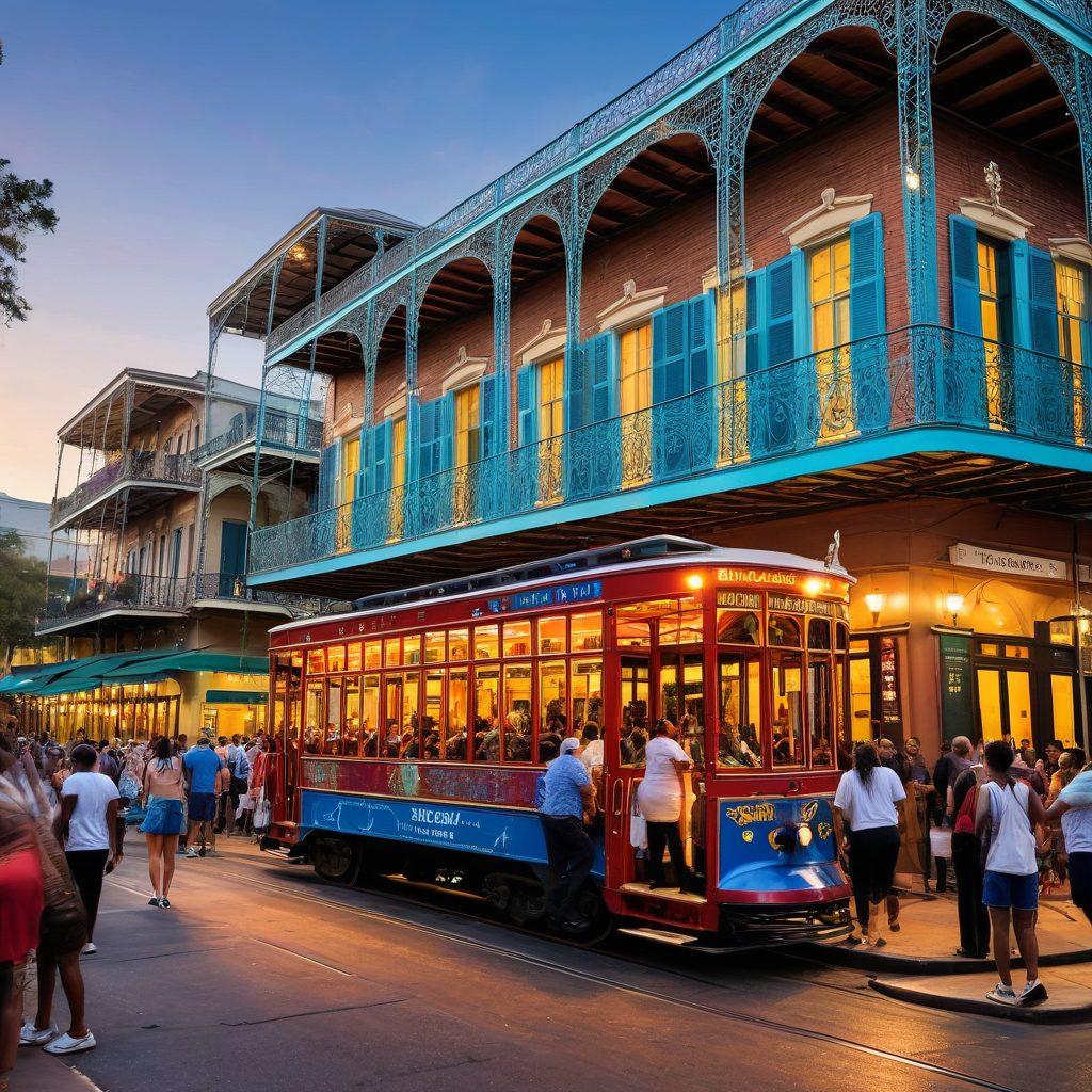 A vibrant street scene in New Orleans, showcasing lively local musicians playing jazz, colorful buildings adorned with intricate ironwork balconies, and people enjoying beignets at an outdoor café. Include iconic elements like a streetcar and Mardi Gras decorations, all under a clear blue sky. The atmosphere should feel festive and welcoming. super-realistic. vibrant colors. 3D.