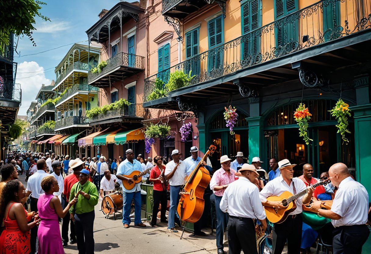 A lively street scene in New Orleans, showcasing vibrant jazz musicians playing on a bustling corner, colorful Mardi Gras decorations hanging above, and locals enjoying delicious Creole cuisine at an outdoor café. In the background, historic architecture and lush greenery add to the cultural richness. The atmosphere is infused with energy and warmth. super-realistic. vibrant colors. 3D.